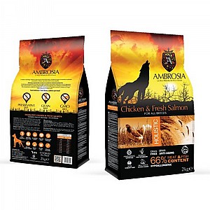 AMBROSIA מזון פרמיום לכלבים בוגרים על בסיס עוף וסלמון 12 ק"ג AMBROSIA מזון פרמיום לכלבים בוגרים על בסיס עוף וסלמון 12 ק"ג