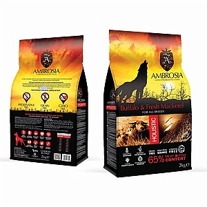 AMBROSIA מזון פרמיום לכלבים בוגרים על בסיס באפלו ומקרל 12 ק"ג AMBROSIA מזון פרמיום לכלבים בוגרים על בסיס באפלו ומקרל 12 ק"ג
