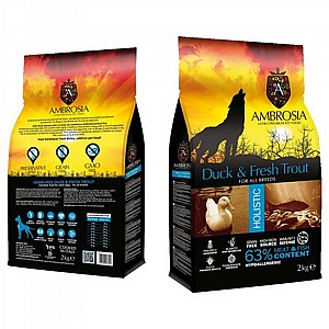AMBROSIA מזון פרמיום לכלבים בוגרים על בסיס ברווז וטרוטה 2 ק"ג AMBROSIA מזון פרמיום לכלבים בוגרים על בסיס ברווז וטרוטה 2 ק"ג