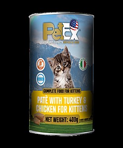 PETEX פטקס שימורי מזון מלא להזנת גורי חתולים עם בשר עוף והודו במרקם פטה 400 גרם PETEX פטקס שימורי מזון מלא להזנת גורי חתולים עם בשר עוף והודו במרקם פטה 400 גרם