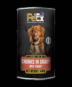 PETEX פטקס שימורי מזון מלא לכלבים 405 גרם -חתיכות בשר הודו ברוטב עסיסי PETEX פטקס שימורי מזון מלא לכלבים 405 גרם -חתיכות בשר הודו ברוטב עסיסי