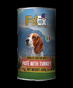 PETEX פטקס שימורי מזון מלא לכלבים 400 גרם עם בשר הודו במרקם פטה PETEX פטקס שימורי מזון מלא לכלבים 400 גרם עם בשר הודו במרקם פטה