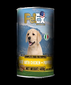 PETEX פטקס שימורי מזון מלא לגורי כלבים 400 גרם עם בשר עוף במרקם פטה PETEX פטקס שימורי מזון מלא לגורי כלבים 400 גרם עם בשר עוף במרקם פטה